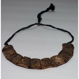 Nepal 8 Auspicious Symbols Hand Carved Necklace Yak Bone 16 in